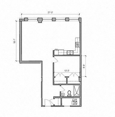 Floor plan for 1 bed, 1 bath, 922 sqft